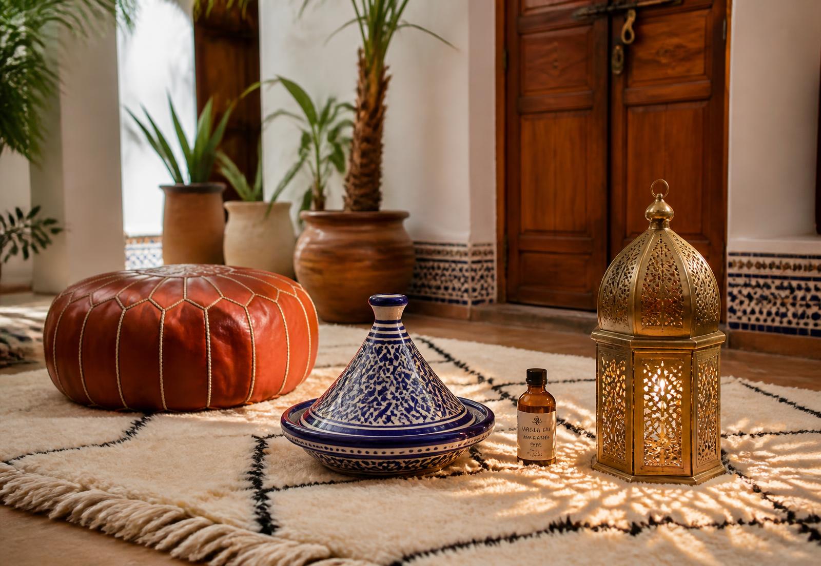 Moroccan handmade rug, ceramic tagine, brass lantern and leather pouf in a sunlit riad
